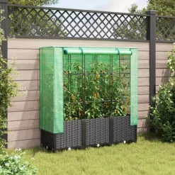 Upphöjd odlingslåda med växthusöverdrag i rottinglook | Storlek: 120x40x138 cm