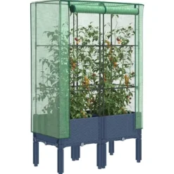 Upphöjd odlingslåda med växthusöverdrag i rottinglook | Storlek: 80x40x140 cm