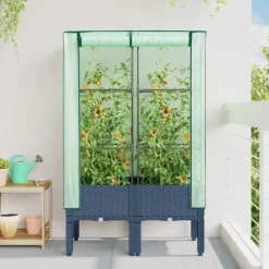 Upphöjd odlingslåda med växthusöverdrag i rottinglook | Storlek: 80x40x140 cm