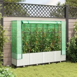 Upphöjd odlingslåda med växthusöverdrag i rottinglook | Storlek: 160x40x138 cm