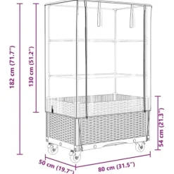 Upphöjd odlingslåda med växthusöverdrag och hjul - Rottinglook | Storlek: 80x50x182 cm