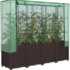 Upphöjd odlingslåda med växthusöverdrag i rottinglook | Storlek: 160x40x153 cm