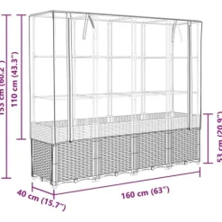 Upphöjd odlingslåda med växthusöverdrag i rottinglook | Storlek: 160x40x153 cm