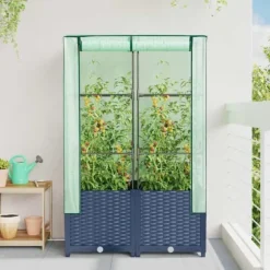 Upphöjd odlingslåda med växthusöverdrag i rottinglook | Storlek: 80x40x138 cm