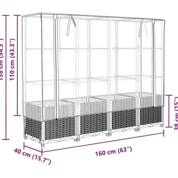 Upphöjd odlingslåda med växthusöverdrag - Rottinglook | Storlek: 160x40x138 cm
