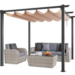Utfällbar pergola 10'x10' med solskyddstak i aluminium, beige, hållbar, enkel installation, perfekt för trädgård och uteplats