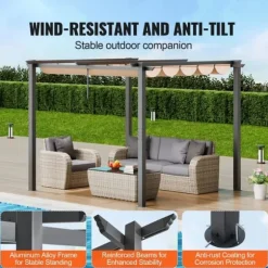 Utfällbar pergola 10'x10' med solskyddstak i aluminium, beige, hållbar, enkel installation, perfekt för trädgård och uteplats