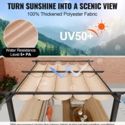 Utfällbar pergola 10'x10' med solskyddstak i aluminium, beige, hållbar, enkel installation, perfekt för trädgård och uteplats