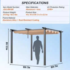 Utfällbar pergola 10'x10' med solskyddstak i aluminium, beige, hållbar, enkel installation, perfekt för trädgård och uteplats