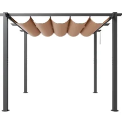 Utfällbar pergola 10'x10' med solskyddstak i aluminium, beige, hållbar, enkel installation, perfekt för trädgård och uteplats