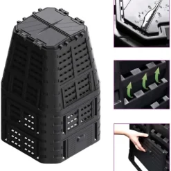 Väderbeständig kompostlåda 1000 L - Effektiv kompostering | Färg: Svart | Storlek: 93,3x93,3x146 cm