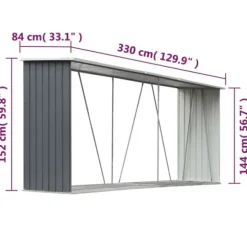Vedskjul i galvaniserat stål - Hållbar förvaring för ved | Färg: Grå | Storlek: 330x84x152 cm