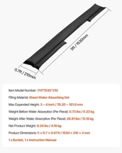 Översvämningsbarriär - Vattenaktiverade sandfria översvämningspåsar 10-pack - Återanvändbara - 153 x 21 cm - Med hink - För dörr, källare, garage