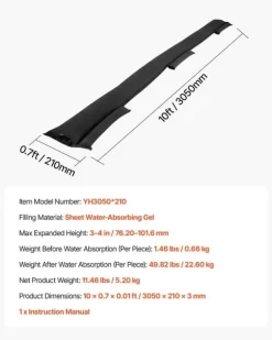 Översvämningsbarriär - Vattenaktiverade sandfria översvämningspåsar - Set om 8 - Mått 305 x 21 cm - Återanvändbara - För dörrar & garage