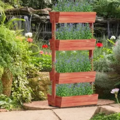 Vertikal Trädgårdsbädd, Justerbar 4-Nivå Planteringslåda, Stabil Konstruktion i Furu Trä,Brun