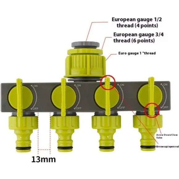 4-vägs vatten splitter vattna Trädgård Bevattning Anslutningskopplingsventil