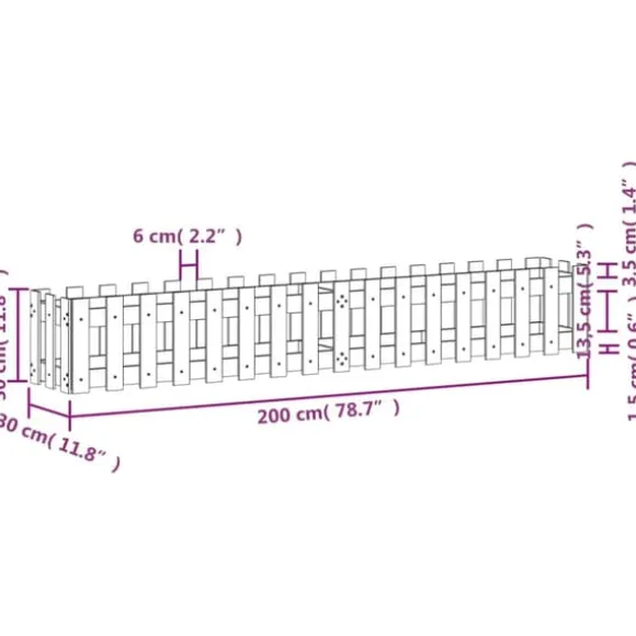 vidaXL Odlingslåda med staket-design 200x30x30 cm impregnerad furu - Krukor & odlingslådor