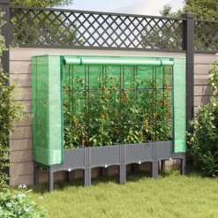 vidaXL Odlingslåda med växthusöverdrag rottinglook 160x40x140 cm