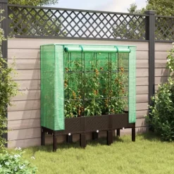 vidaXL Odlingslåda med växthusöverdrag rottinglook 120x40x140 cm