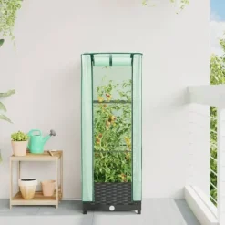 vidaXL Odlingslåda med växthusöverdrag rottinglook 40x40x123 cm