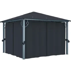 vidaXL Paviljong med gardin & ljusslinga LED 3x3 m antracit aluminium - Partytält & paviljoner