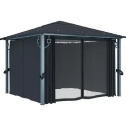 vidaXL Paviljong med gardin & ljusslinga LED 3x3 m antracit aluminium - Partytält & paviljoner