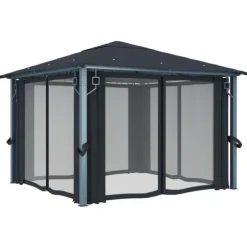 vidaXL Paviljong med gardin & ljusslinga LED 3x3 m antracit aluminium - Partytält & paviljoner