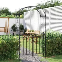 vidaXL Trädgårdsbåge med grind svart 108x45x235 cm stål - Bersåer, spaljéer & pergolor