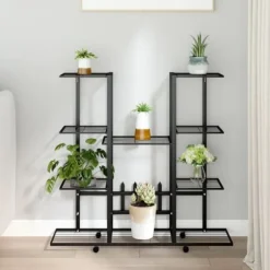 vidaXL Växtställ på hjul 94,5x24,5x91,5 cm svart järn - Växtställ