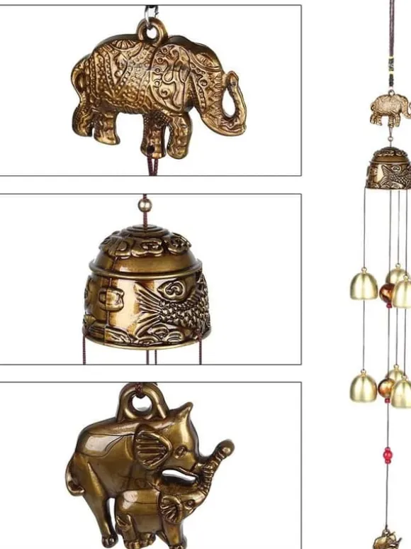 Vindspel, vintage lövelefant gynnsamma hängande ornament, lycka feng shui klockor brons, kinesiska vindspel heminredning