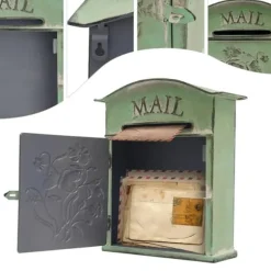 Vintage utomhusbrevlåda - Väggmonterad - Metall - Fjäril- & blommönster - Rustik - Brevinkast 19,5×1,5 cm - 27×10,5×31,2 cm - Militärgrön