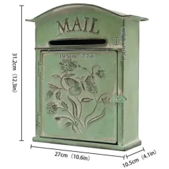 Vintage utomhusbrevlåda - Väggmonterad - Metall - Fjäril- & blommönster - Rustik - Brevinkast 19,5×1,5 cm - 27×10,5×31,2 cm - Militärgrön