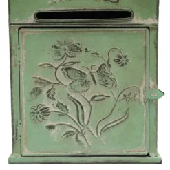 Vintage utomhusbrevlåda - Väggmonterad - Metall - Fjäril- & blommönster - Rustik - Brevinkast 19,5×1,5 cm - 27×10,5×31,2 cm - Militärgrön