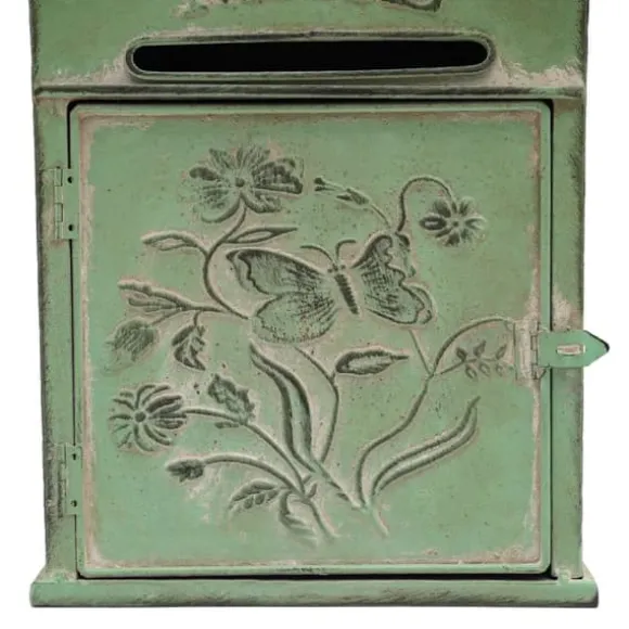 Vintage utomhusbrevlåda - Väggmonterad - Metall - Fjäril- & blommönster - Rustik - Brevinkast 19,5×1,5 cm - 27×10,5×31,2 cm - Militärgrön