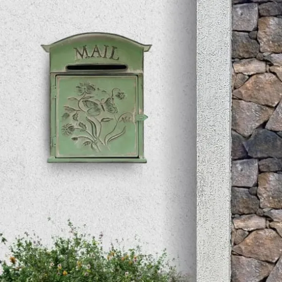 Vintage utomhusbrevlåda - Väggmonterad - Metall - Fjäril- & blommönster - Rustik - Brevinkast 19,5×1,5 cm - 27×10,5×31,2 cm - Militärgrön