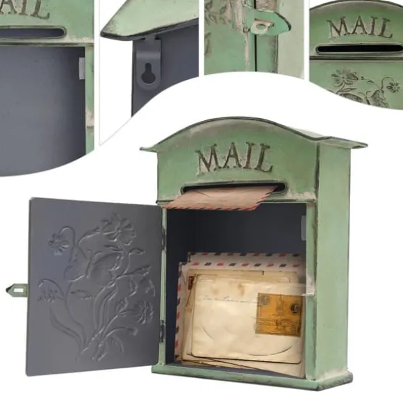 Vintage utomhusbrevlåda - Väggmonterad - Metall - Fjäril- & blommönster - Rustik - Brevinkast 19,5×1,5 cm - 27×10,5×31,2 cm - Militärgrön