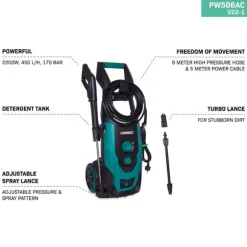 VONROC Högtryckstvätt 2200W – 170 Bar – 450L/h – Integrerad Tvättmedelsbehållare – 8m Slang – För Hem och Trädgård