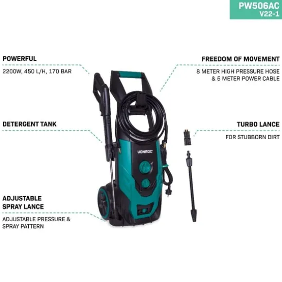 VONROC Högtryckstvätt 2200W – 170 Bar – 450L/h – Integrerad Tvättmedelsbehållare – 8m Slang – För Hem och Trädgård