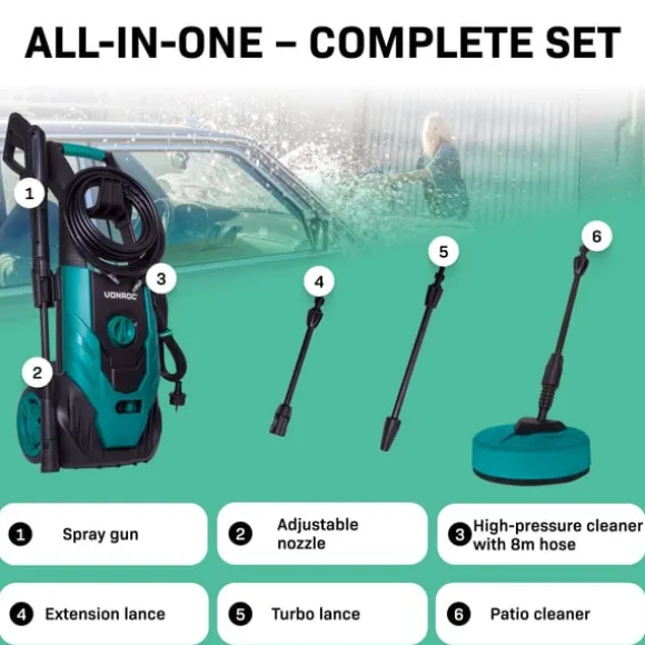 VONROC Högtryckstvätt 1800W – 140 Bar, 420 L/h, Uteplatsrengörare och Turbomunstycke, Med Diskmedelstank och Rengöringsnål