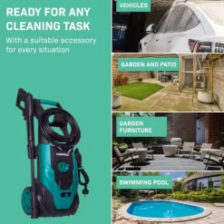 VONROC Högtryckstvätt 1800W – 140 Bar, 420 L/h, Uteplatsrengörare och Turbomunstycke, Med Diskmedelstank och Rengöringsnål