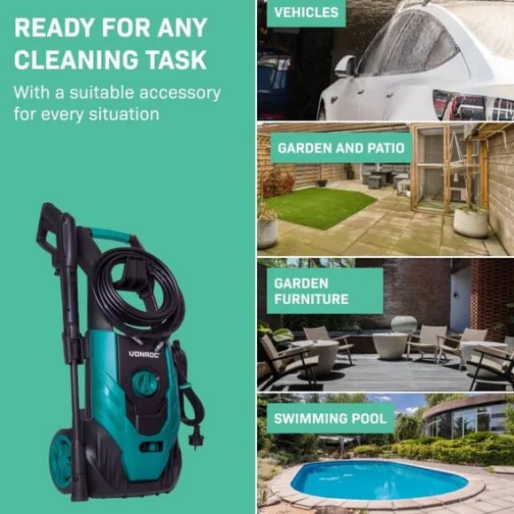 VONROC Högtryckstvätt 1800W – 140 Bar, 420 L/h, Uteplatsrengörare och Turbomunstycke, Med Diskmedelstank och Rengöringsnål