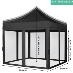 VONROC Partytält 3x3 m – Modulär Design med Sidoväggar & Myggnät – Vattentåligt & UV-skydd – Enkel Montering – Svart
