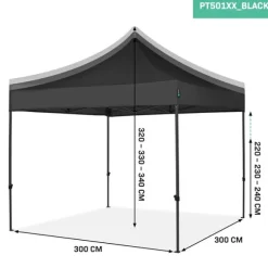 VONROC Partytält 3x3 m – Vattentätt, UV-skydd 50+ – Stålram – Hopfällbart med Förvaringsväska – Svart