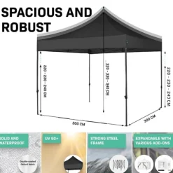VONROC Partytält 3x3 m – Vattentätt, UV-skydd 50+ – Stålram – Hopfällbart med Förvaringsväska – Svart