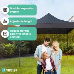 VONROC Partytält 3x3 m – Vattentätt, UV-skydd 50+ – Stålram – Hopfällbart med Förvaringsväska – Svart