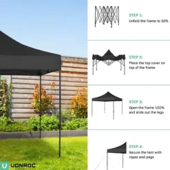 VONROC Partytält 3x3 m – Vattentätt, UV-skydd 50+ – Stålram – Hopfällbart med Förvaringsväska – Svart