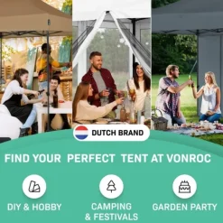 VONROC Partytält 3x3 m – Vattentätt, UV-skydd 50+ – Stålram – Hopfällbart med Förvaringsväska – Svart