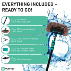 VONROC Teleskopisk tvättborste – 6.50m | Inkl. multifunktionsborste, 2-i-1 fönsterrengörare, slang och tvåldispenser