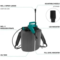 VONROC Tryckspruta 10L – 4V Batteri | Inkl. 2 sprutlansar, bärremmar och USB-C-kabel