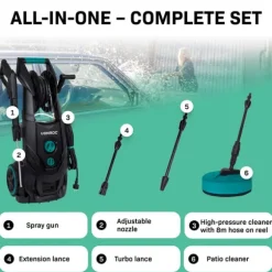 VONROC 2500W Högtryckstvätt med 195 Bar Induktionsmotor och 8m Slang – Inkl. Terrassrengörare och Turbolans